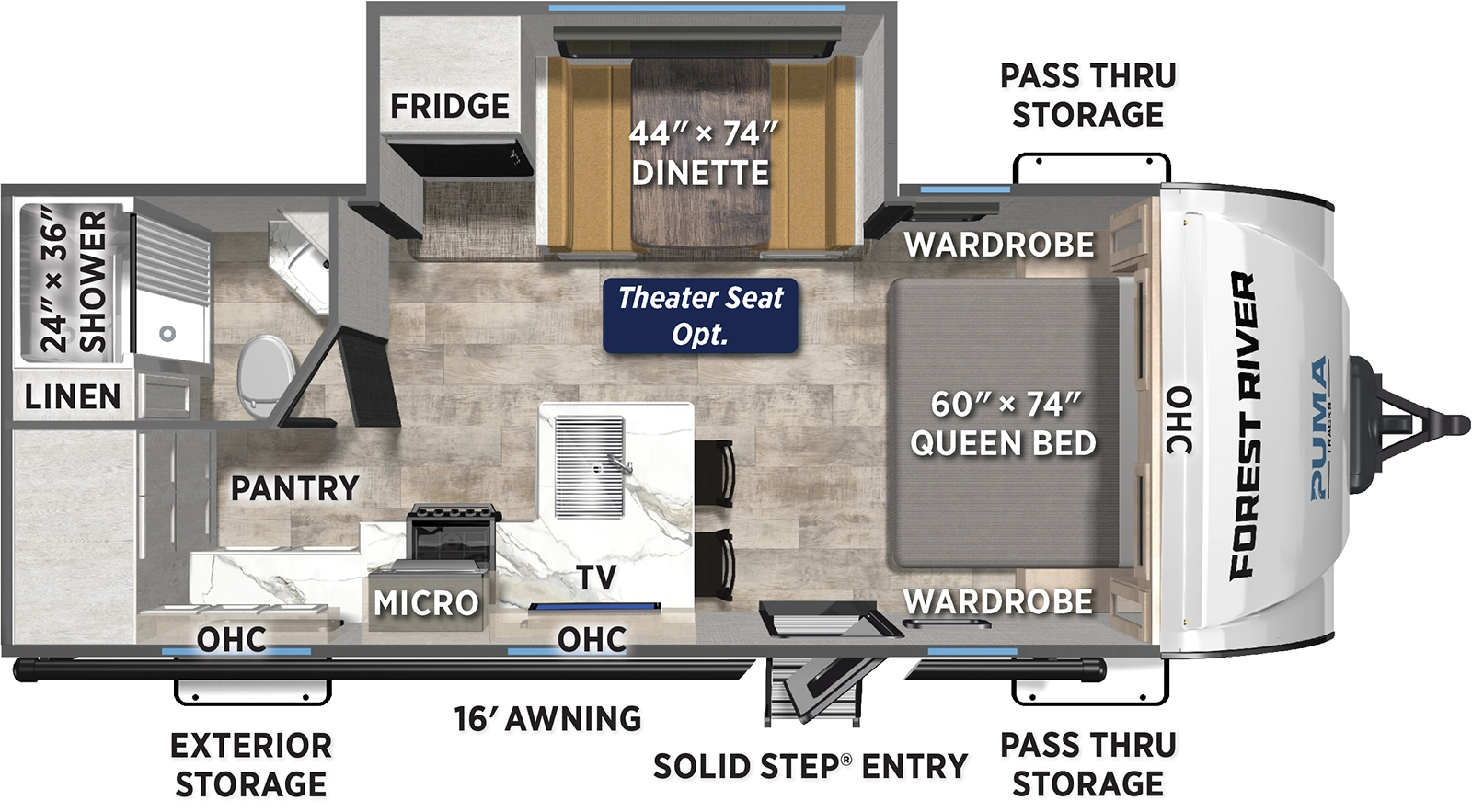 The Puma Tracks 232UD floorplan has one entry and one slide out. Exterior features include: fiberglass exterior and 16' awning. Interiors features include: front bedroom.